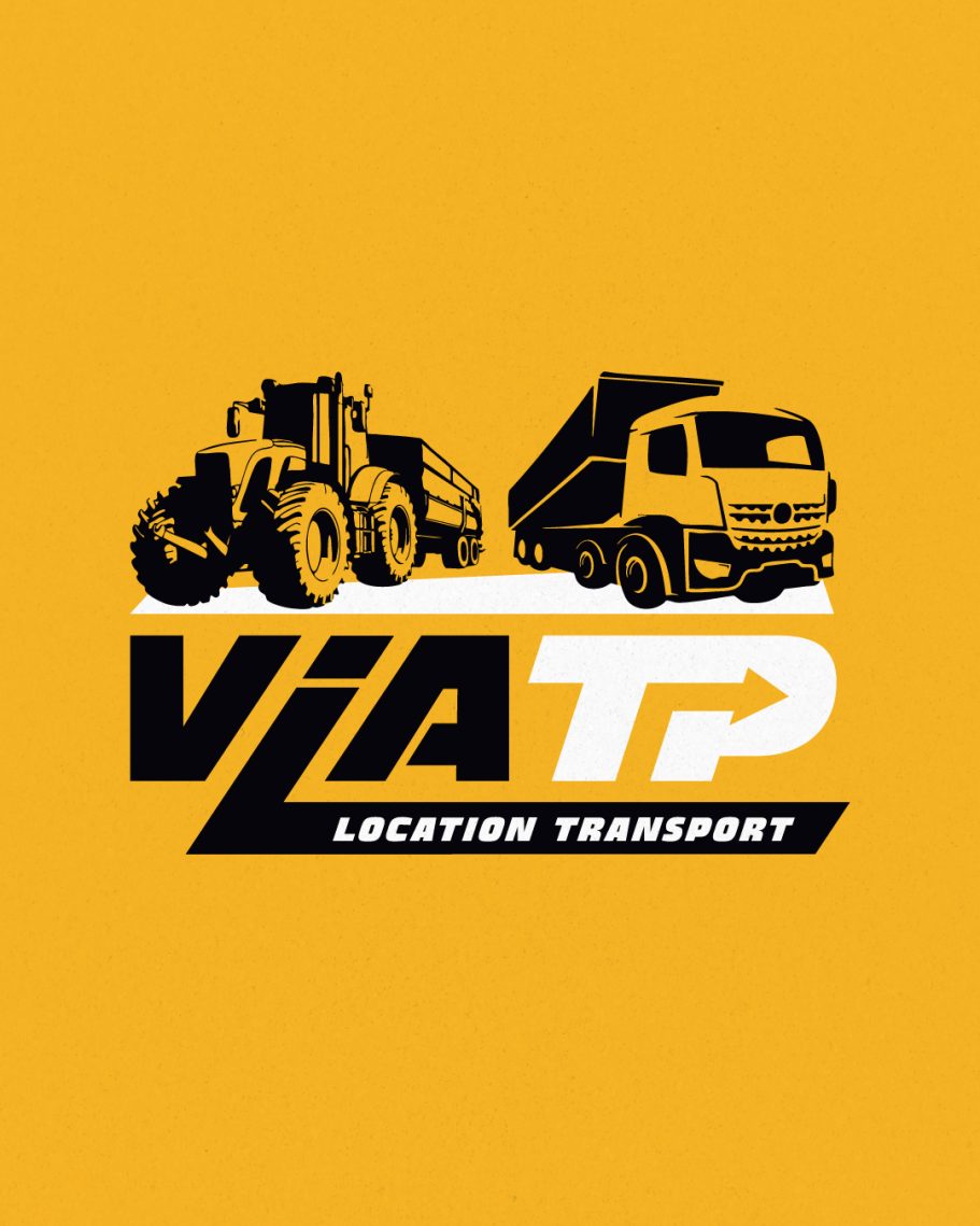 Logo de Viatp avec un tracteur et un camion sur fond jaune.
