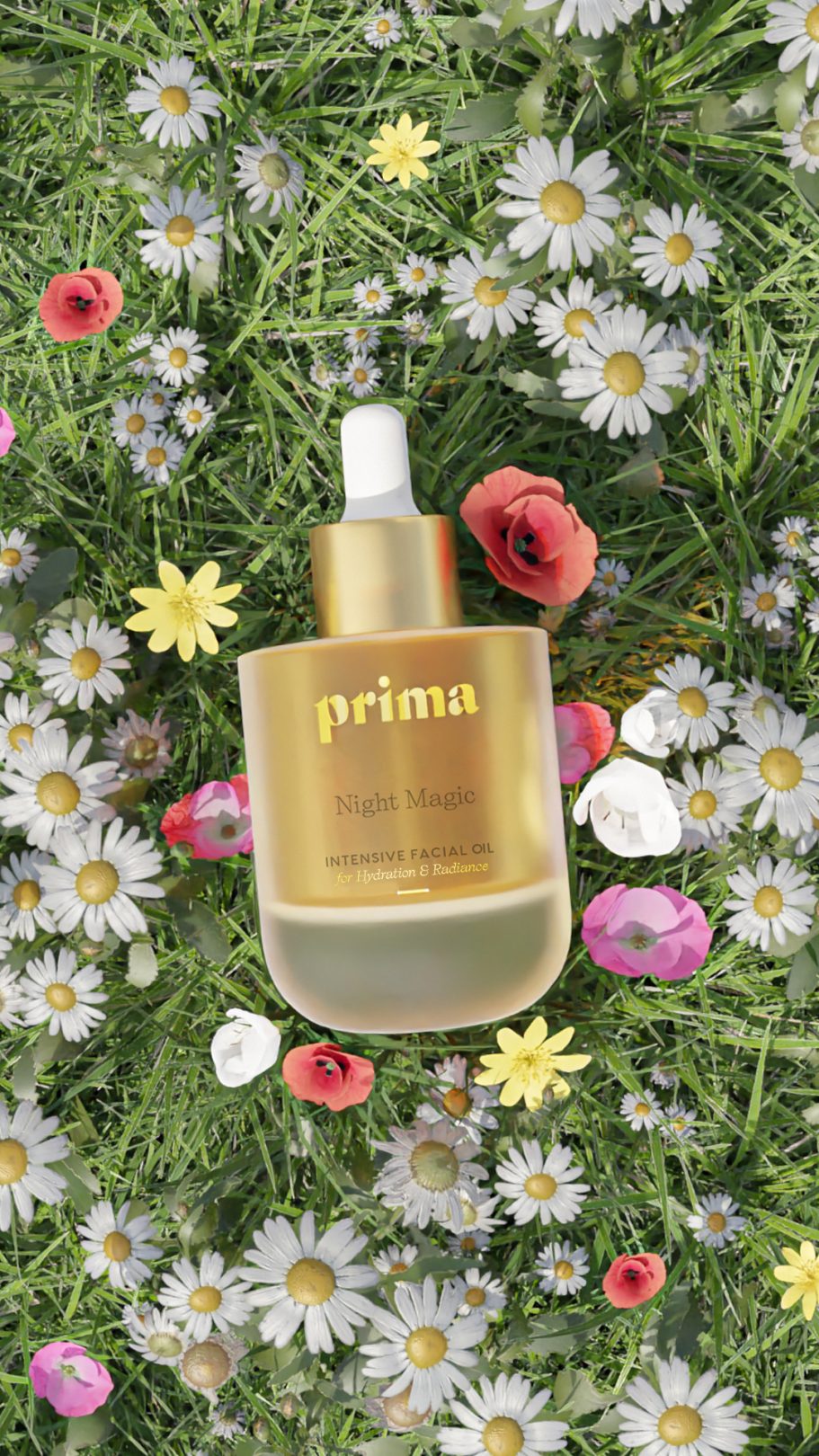 Flacon de sérum doré au milieu de fleurs colorées.